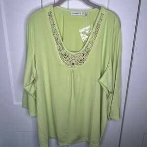 SOLD Susan Graver NWT Key Lime Liquid Knit Embellished 3/4 Sleeve Blouse
